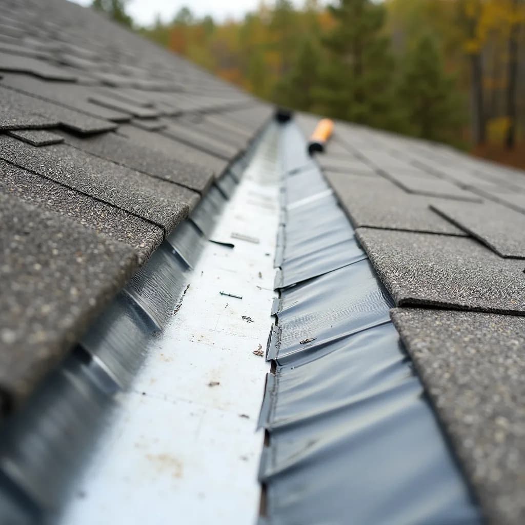An open metal valley between two shingled roof slopes