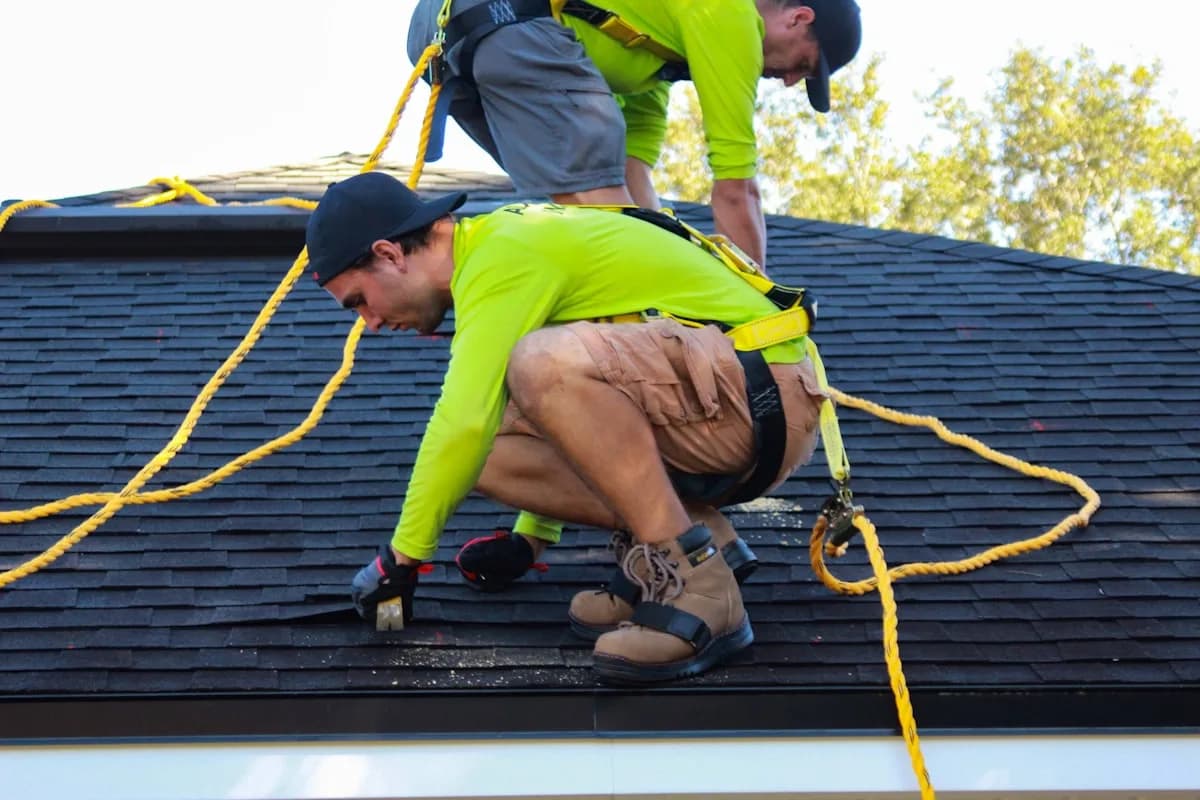 Chalk Ridge crew installing architectural shingles on a steep roof