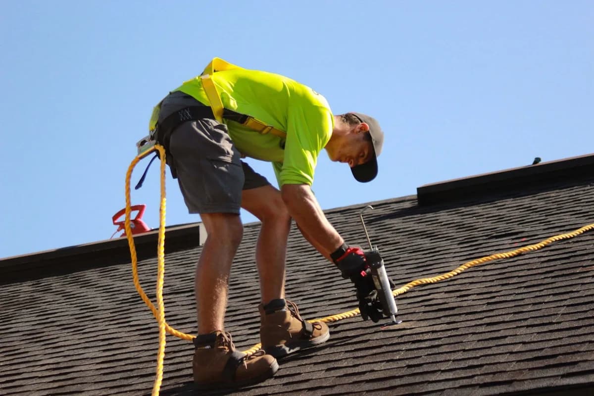 Roofer in a safety harness sealing a shingle course