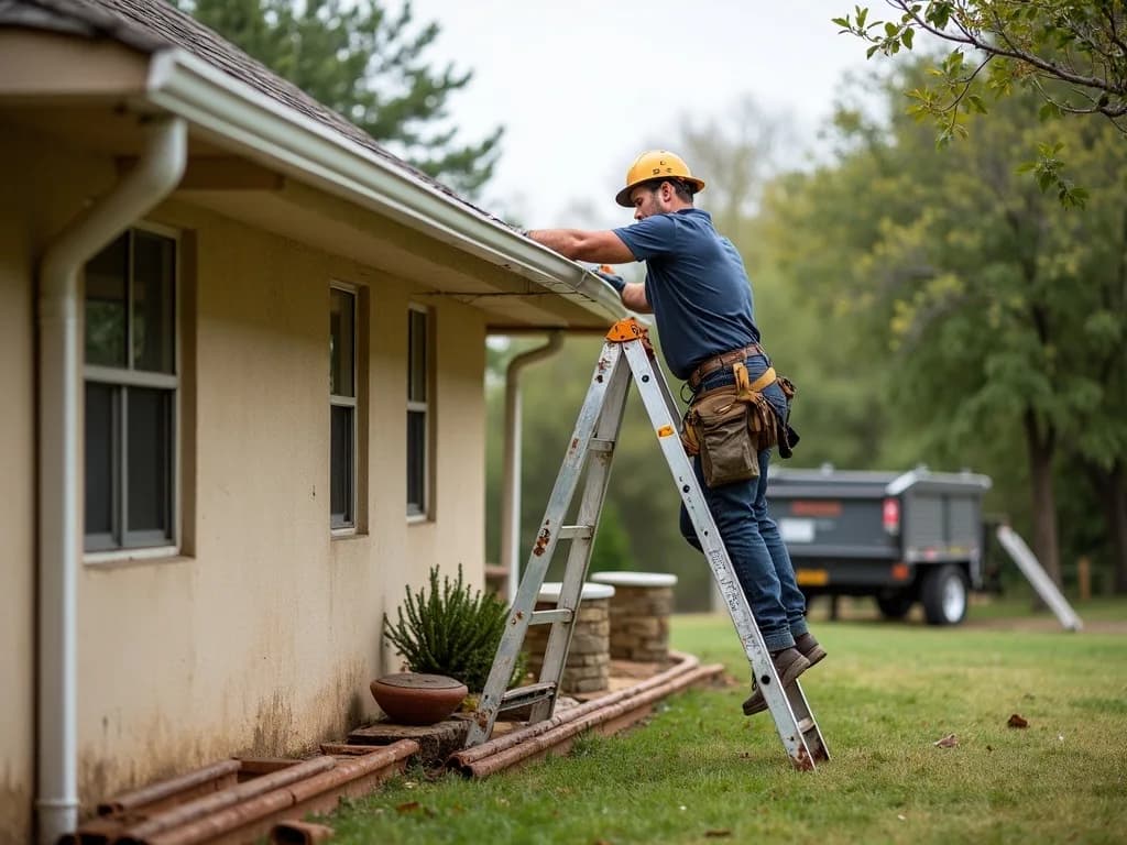 A crew member on a ladder fitting new gutter along the eave of a stucco home