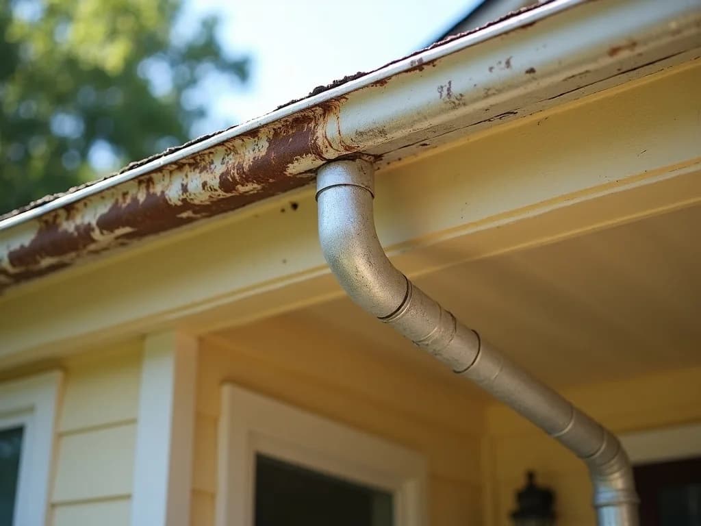 Rusted gutter failing along the eave before replacement