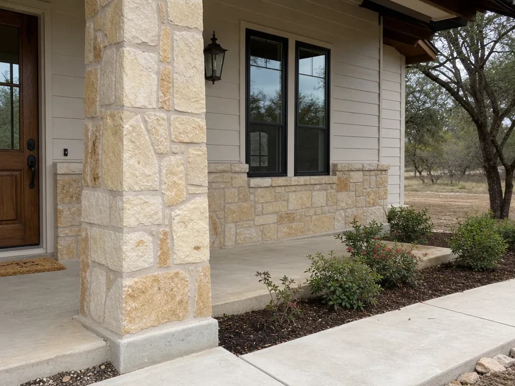 A limestone porch and column under a deep eave