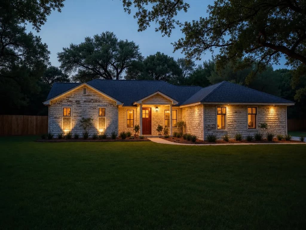 Single-story home lit at dusk before the re-side