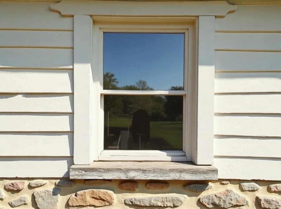 A new full-frame window set in clapboard above a stone foundation