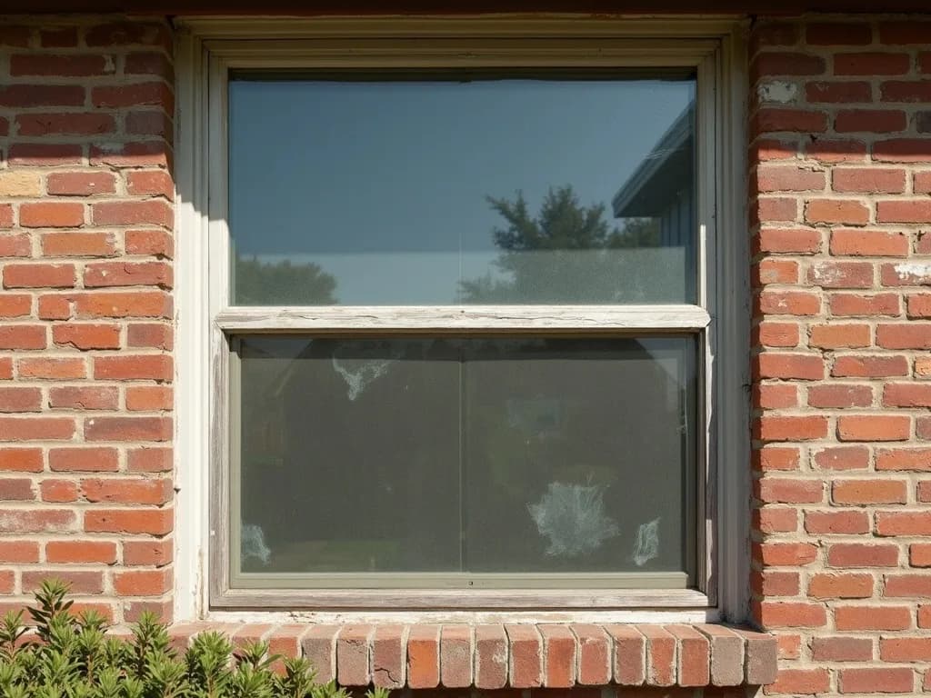 A weathered window with clouded glass in a brick wall before replacement