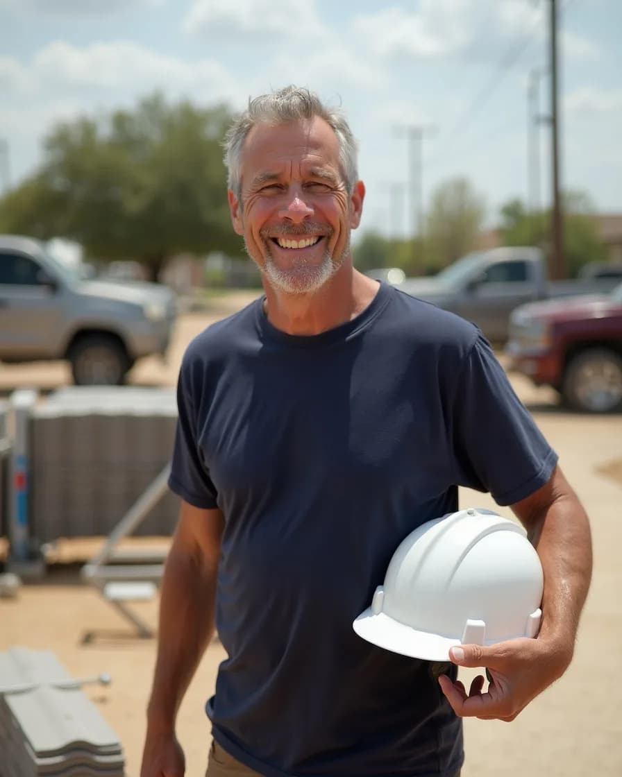 Sam Calloway holding his hard hat on a job site