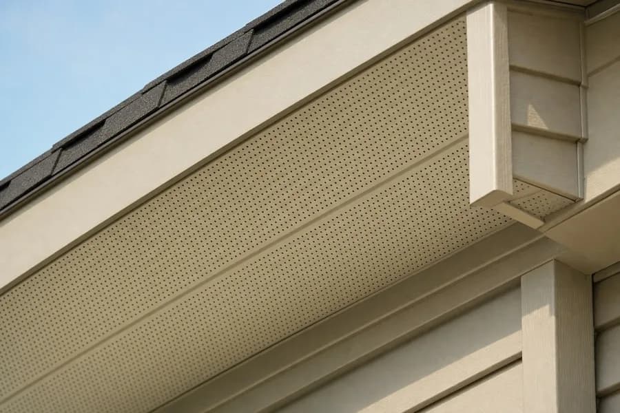 Vented soffit and fascia meeting wrapped corner trim
