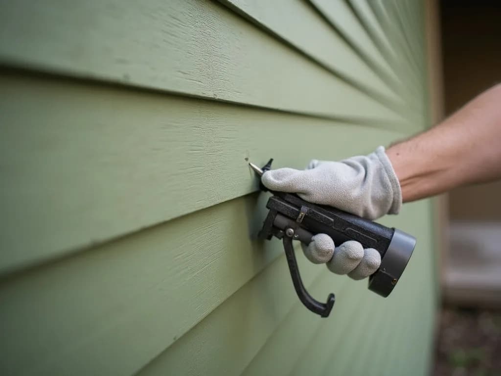 A gloved hand nailing green lap siding into place